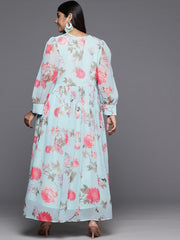 Turquoise Blue & Pink Plus Size Floral Printed A-Line Maxi Dress-AP-AHEDGRDP-142-FF