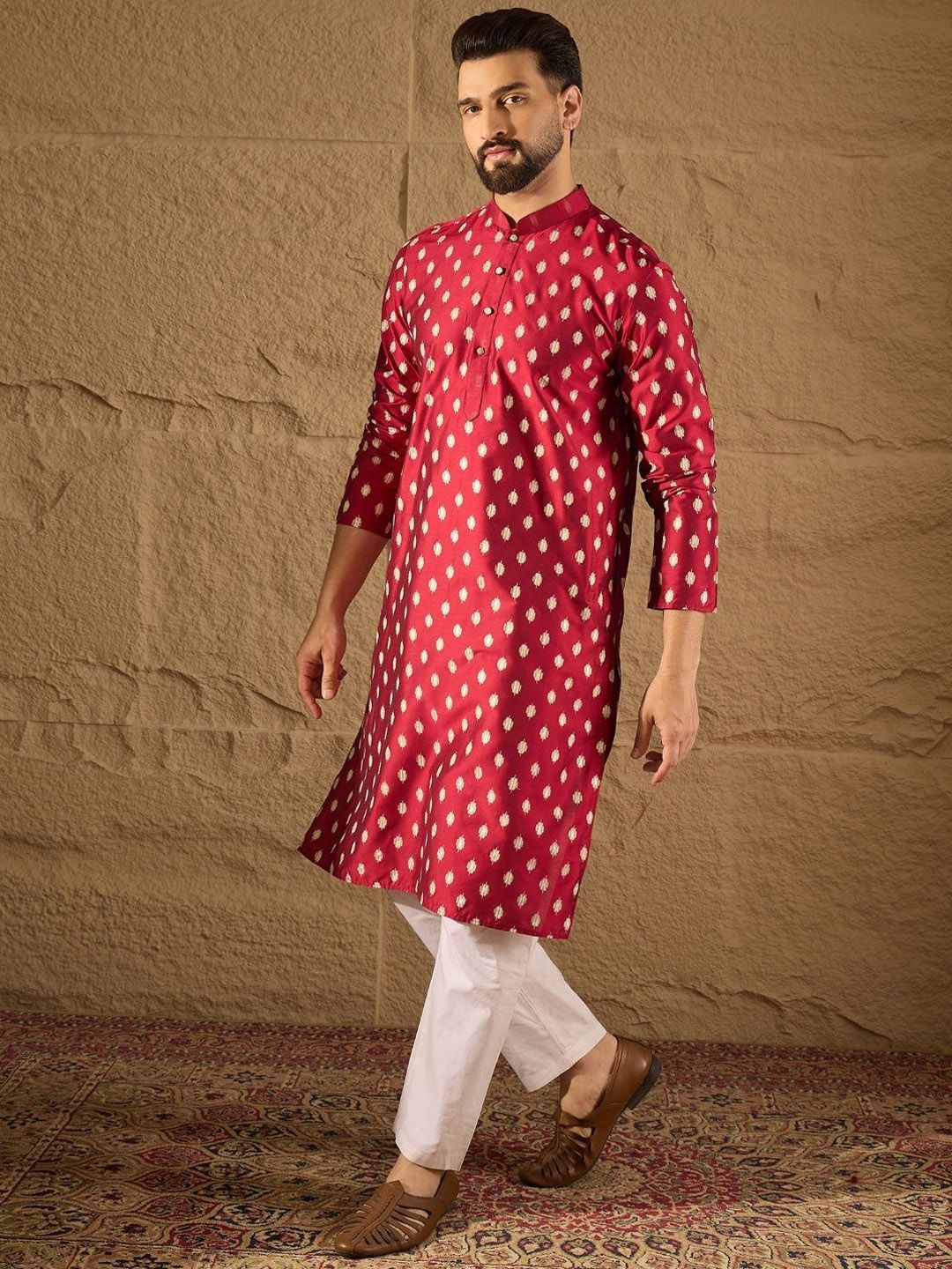 Ethnic Bay Men Maroon Silk Ikat Printed Straight Kurta With Pant Set-MKSET1281