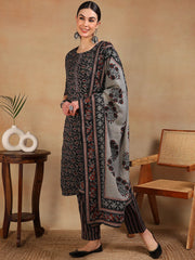 Women Black Viscose Rayon Embroidered Straight Kurta Pant Set-VKSKD2180