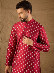 Ethnic Bay Men Maroon Silk Ikat Printed Straight Kurta With Pant Set-MKSET1281