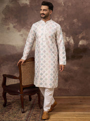 Ethnic Bay Men White Silk Blend Solid Embroidered Straight Kurta With Pant Set-MKSET1382
