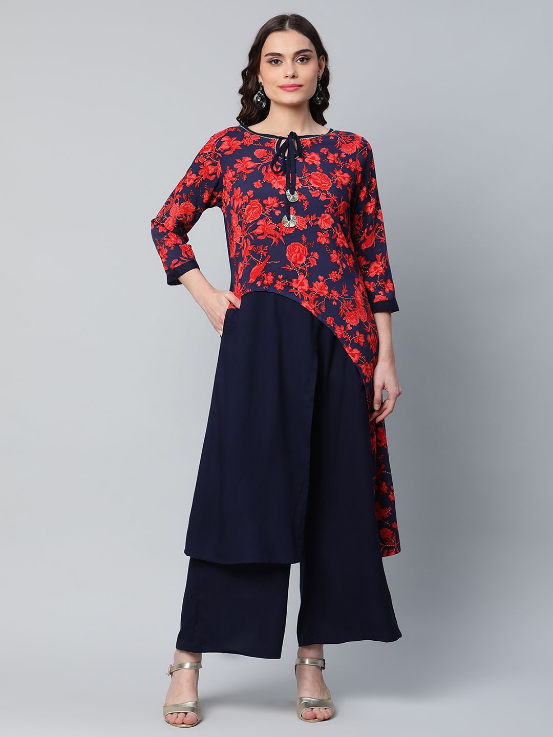 Navy Rayon Printed Kurta Palazzo Set | Women's Palazzo Sets