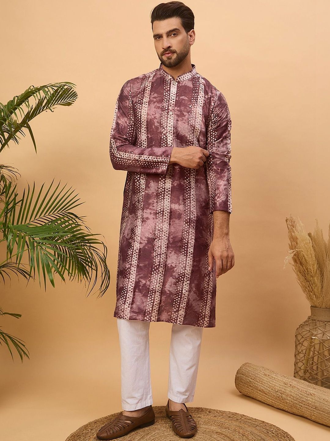 Ethnic Bay Men Burgundy Silk Blend Shibori Embroidered Straight Kurta With Pant Set-MKSET1537