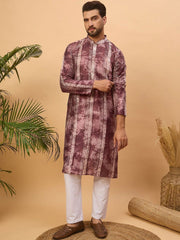 Ethnic Bay Men Burgundy Silk Blend Shibori Embroidered Straight Kurta With Pant Set-MKSET1537