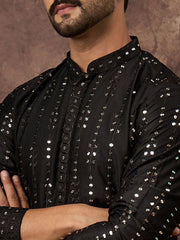 Ethnic Bay Men Black Silk Blend Solid Embroidered Straight Kurta With Pant Set-MKSET1360