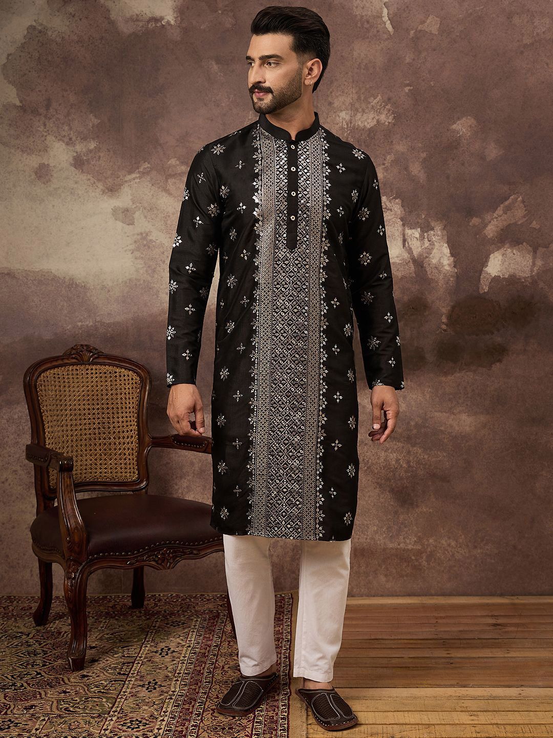 Ethnic Bay Men Black Silk Blend Solid Embroidered Straight Kurta With Pant Set-MKSET1370