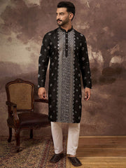 Ethnic Bay Men Black Silk Blend Solid Embroidered Straight Kurta With Pant Set-MKSET1370