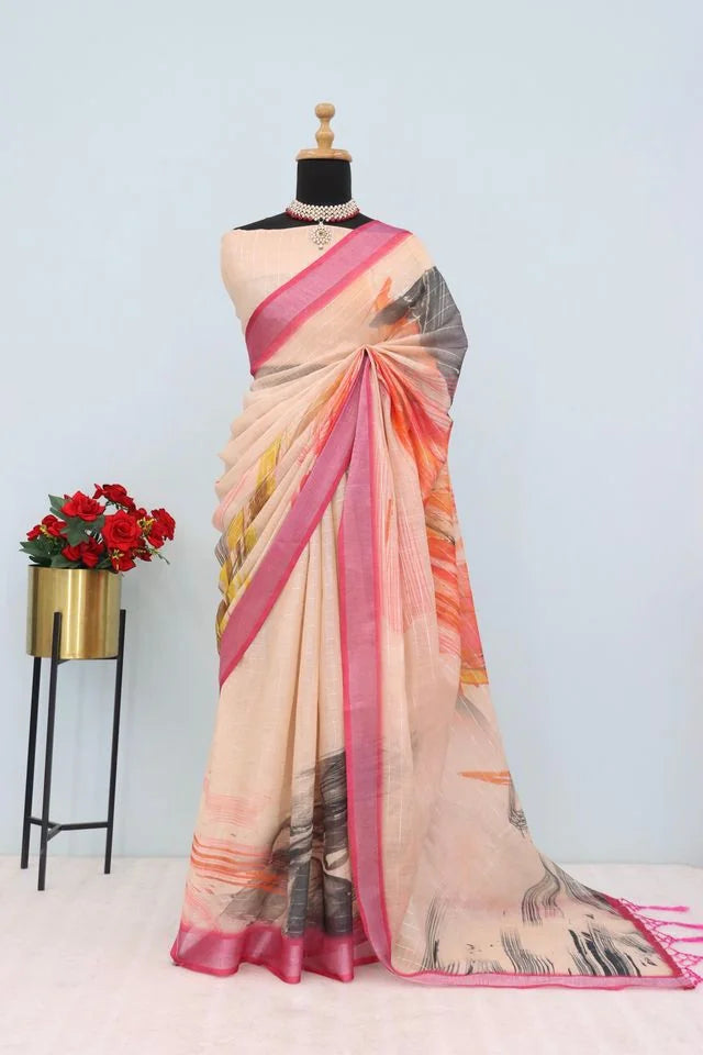 Linen Digital Print Cream Saree With Unstiched Blouse Piece