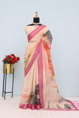 Linen Digital Print Cream Saree With Unstiched Blouse Piece-MPHL-22-CREAM