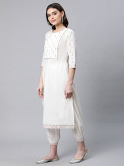 Off White Pure Cotton Printed Floral Kurta With Trousers-AHKUPN-COMBO-488