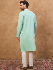 Ethnic Bay Men Blue Silk Blend Solid Embroidered Straight Kurta With Pant Set-MKSET1511