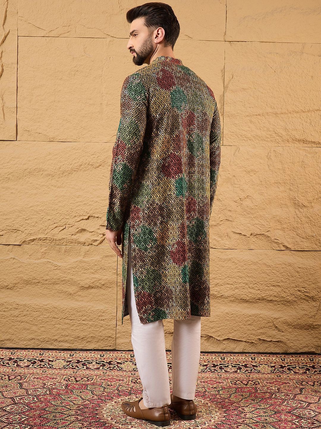 Ethnic Bay Mens Multi Viscose Rayon Geometric Embroidered Chikankari Straight Kurta With Pant Set-MKSET1180
