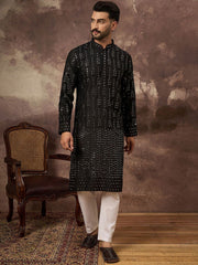 Ethnic Bay Men Black Silk Blend Solid Embroidered Straight Kurta With Pant Set-MKSET1360