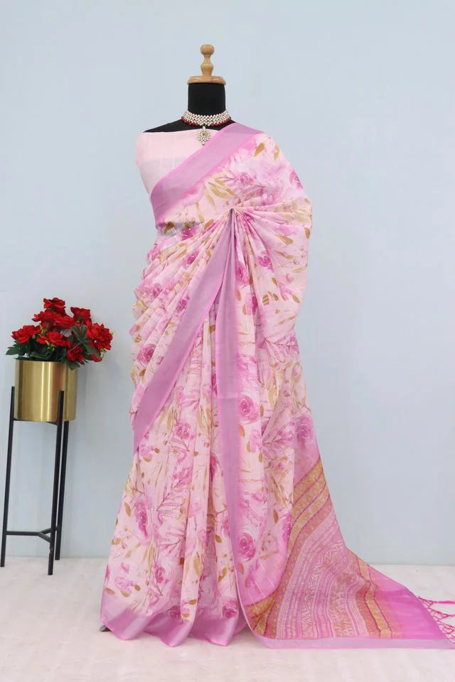 Linen Digital Print Pink Saree With Unstiched Blouse Piece