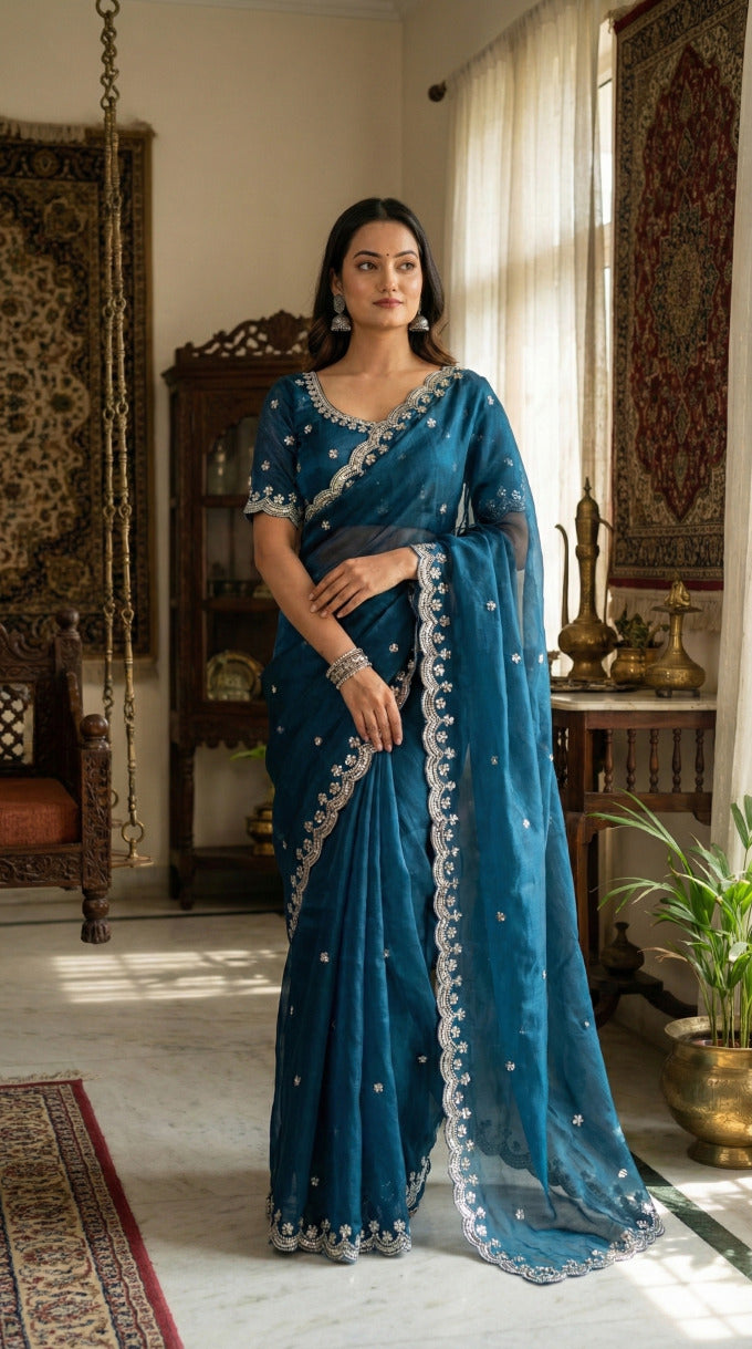 Organza Saree for Women - Teal | MLWSHSA8947TEL | DesiQlo