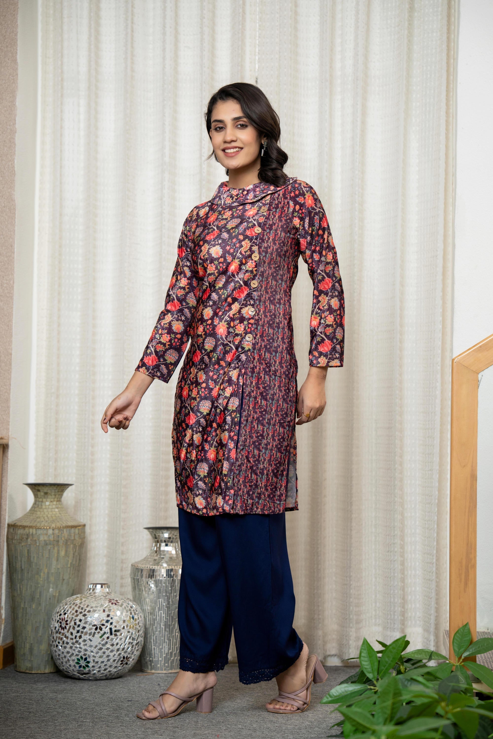 Multi Color Floral Printed Velvet Kurta With Buttons | DesiQlo