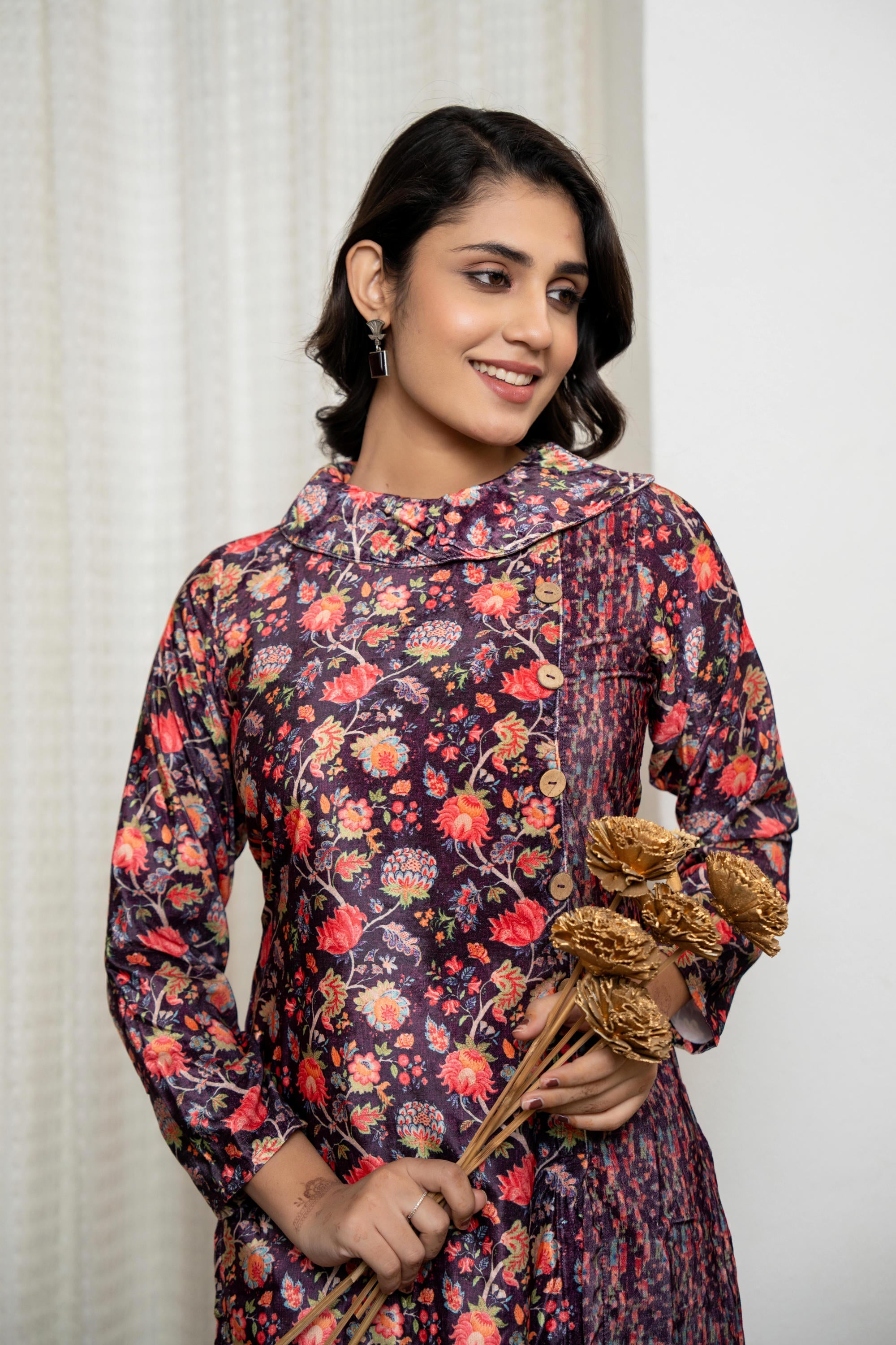Multi Color Floral Printed Velvet Kurta With Buttons | DesiQlo
