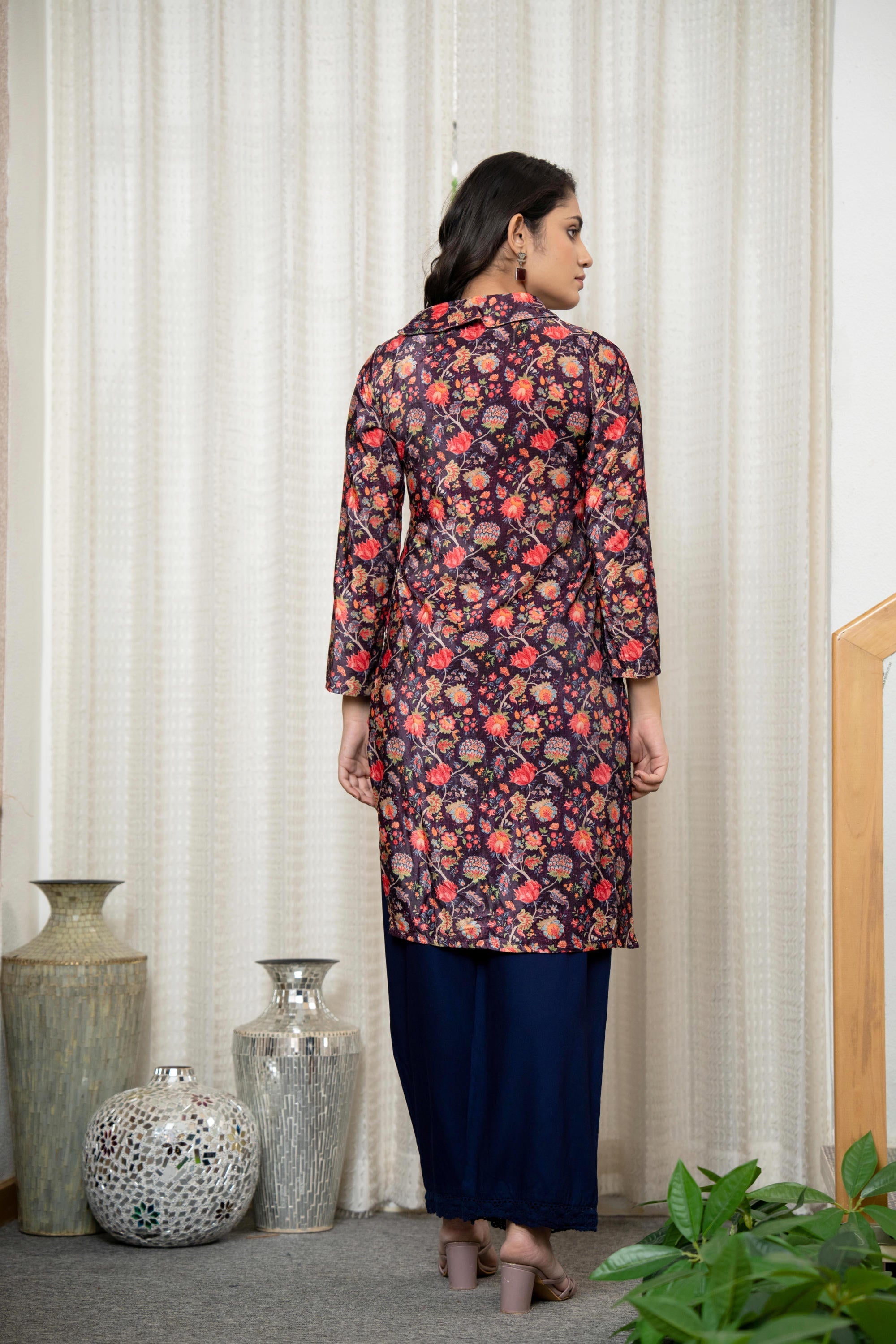 Multi Color Floral Printed Velvet Kurta With Buttons | DesiQlo