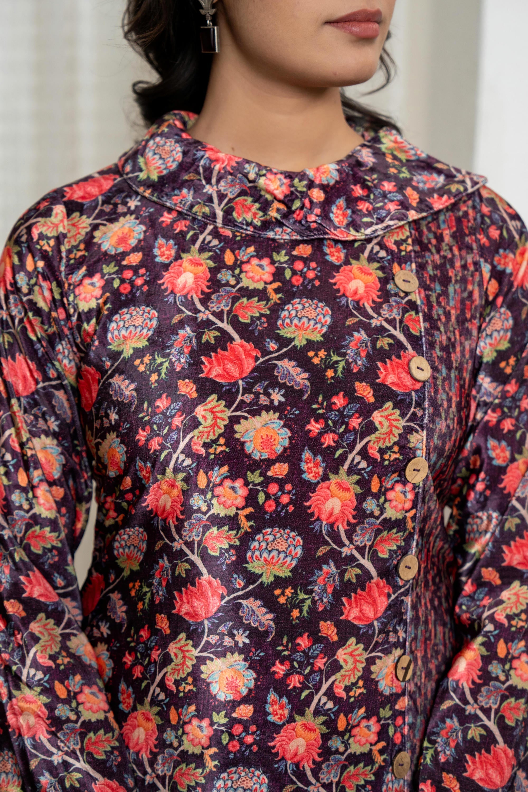 Multi Color Floral Printed Velvet Kurta With Buttons | DesiQlo