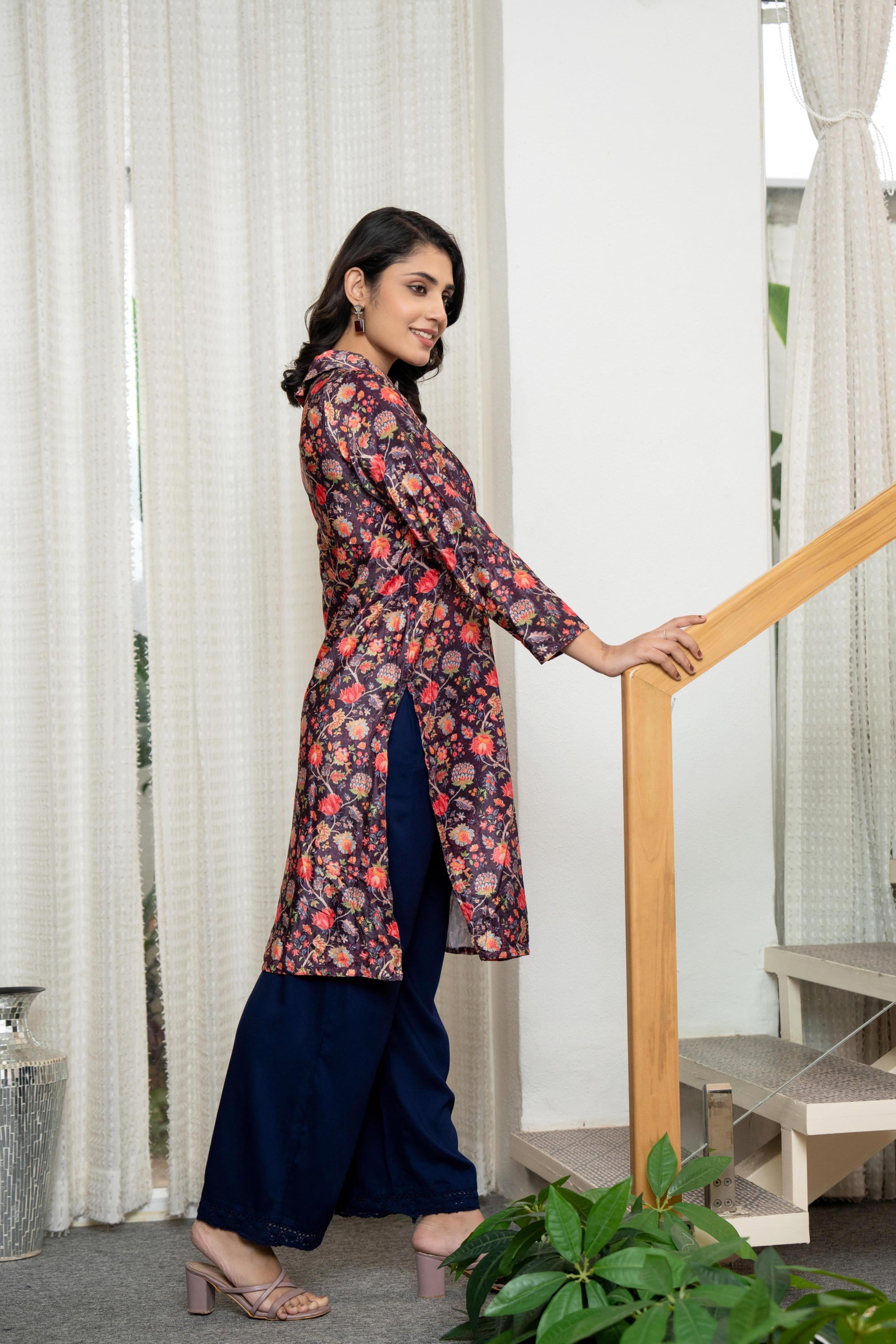 Multi Color Floral Printed Velvet Kurta With Buttons | DesiQlo
