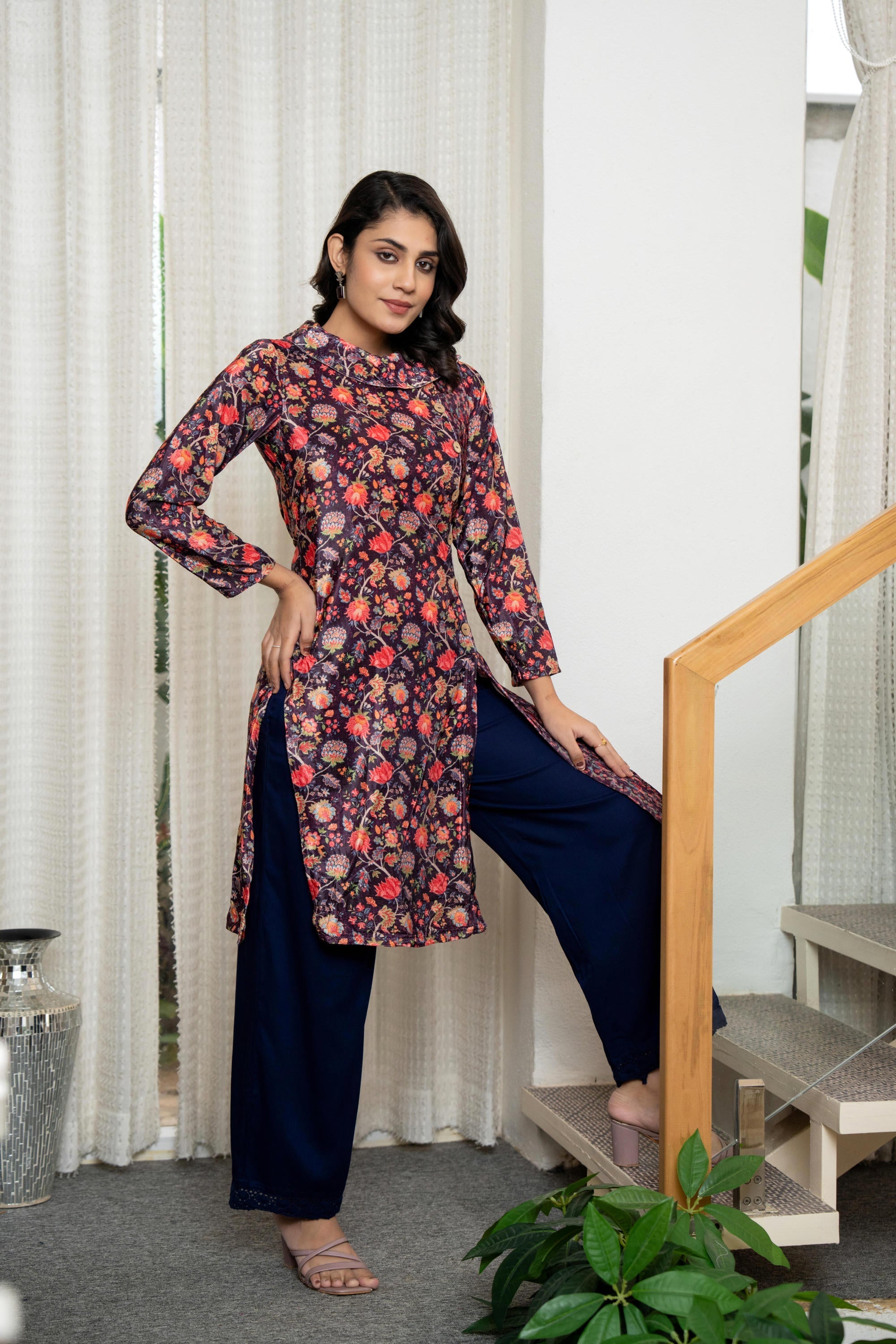 Multi Color Floral Printed Velvet Kurta With Buttons | DesiQlo