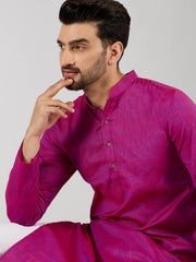 Ethnic Bay Men Pink Cotton Solid Woven Design Straight Kurta With Pant Set-MKSET1100