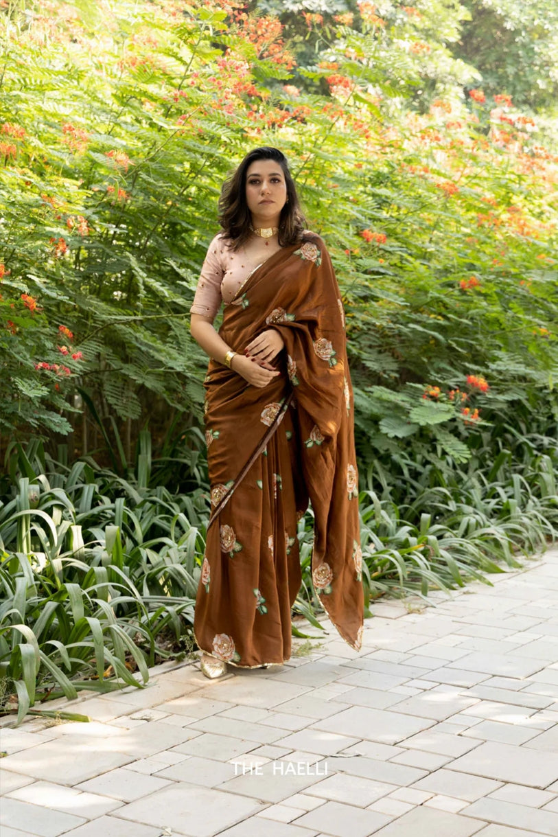 Organza Saree for Women - Brown | MLWSHSA8957BRN