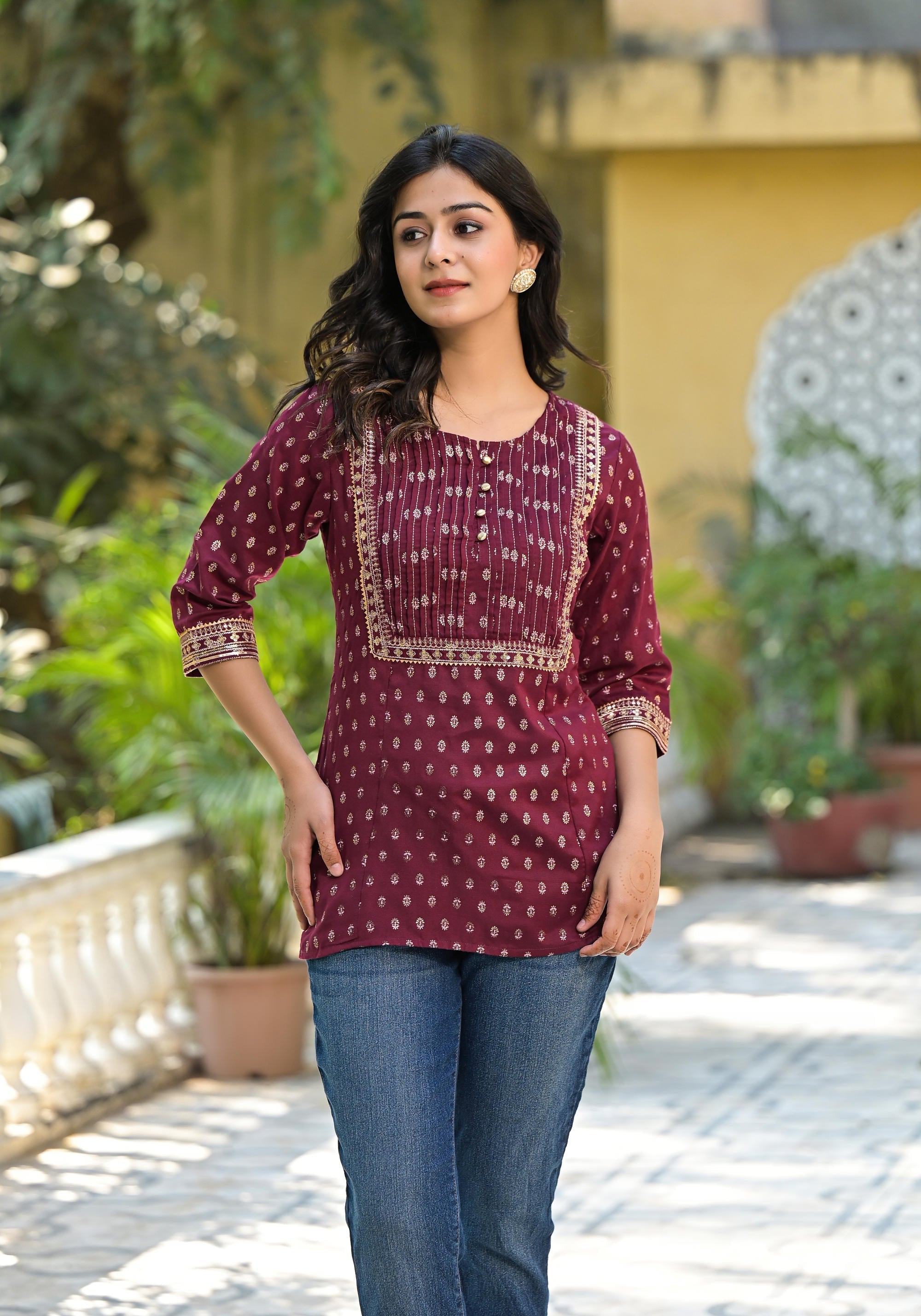 Wine Ethnic Motif Printed Liva Rayon Tunic With Sequins & Lace | DesiQ