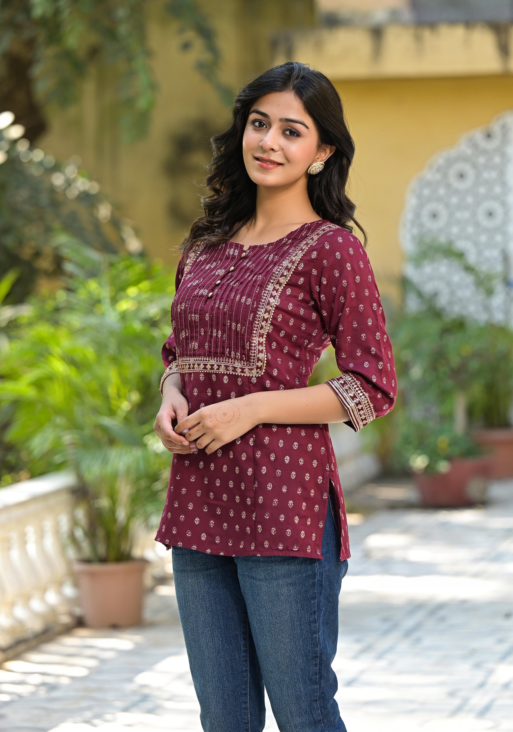 Wine Ethnic Motif Printed Liva Rayon Tunic With Sequins & Lace | DesiQ