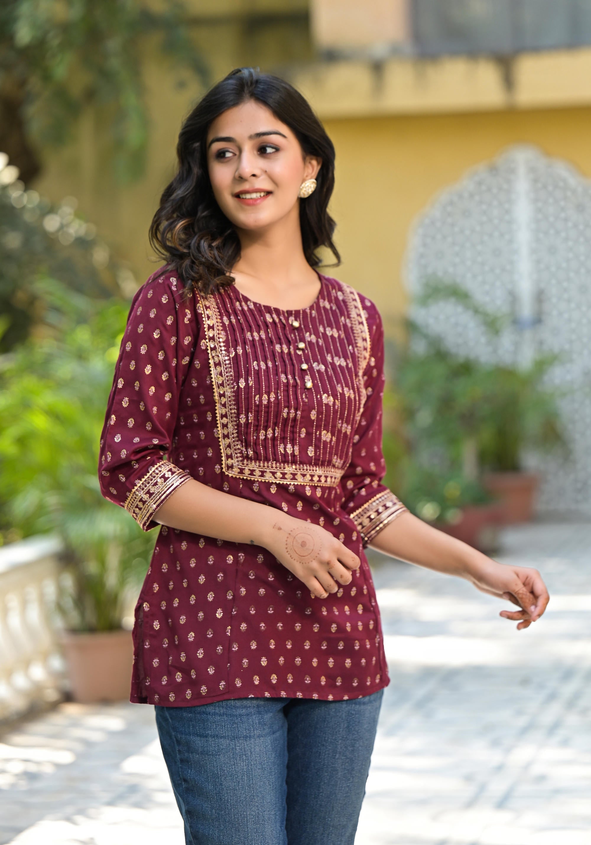 Wine Ethnic Motif Printed Liva Rayon Tunic With Sequins & Lace | DesiQ