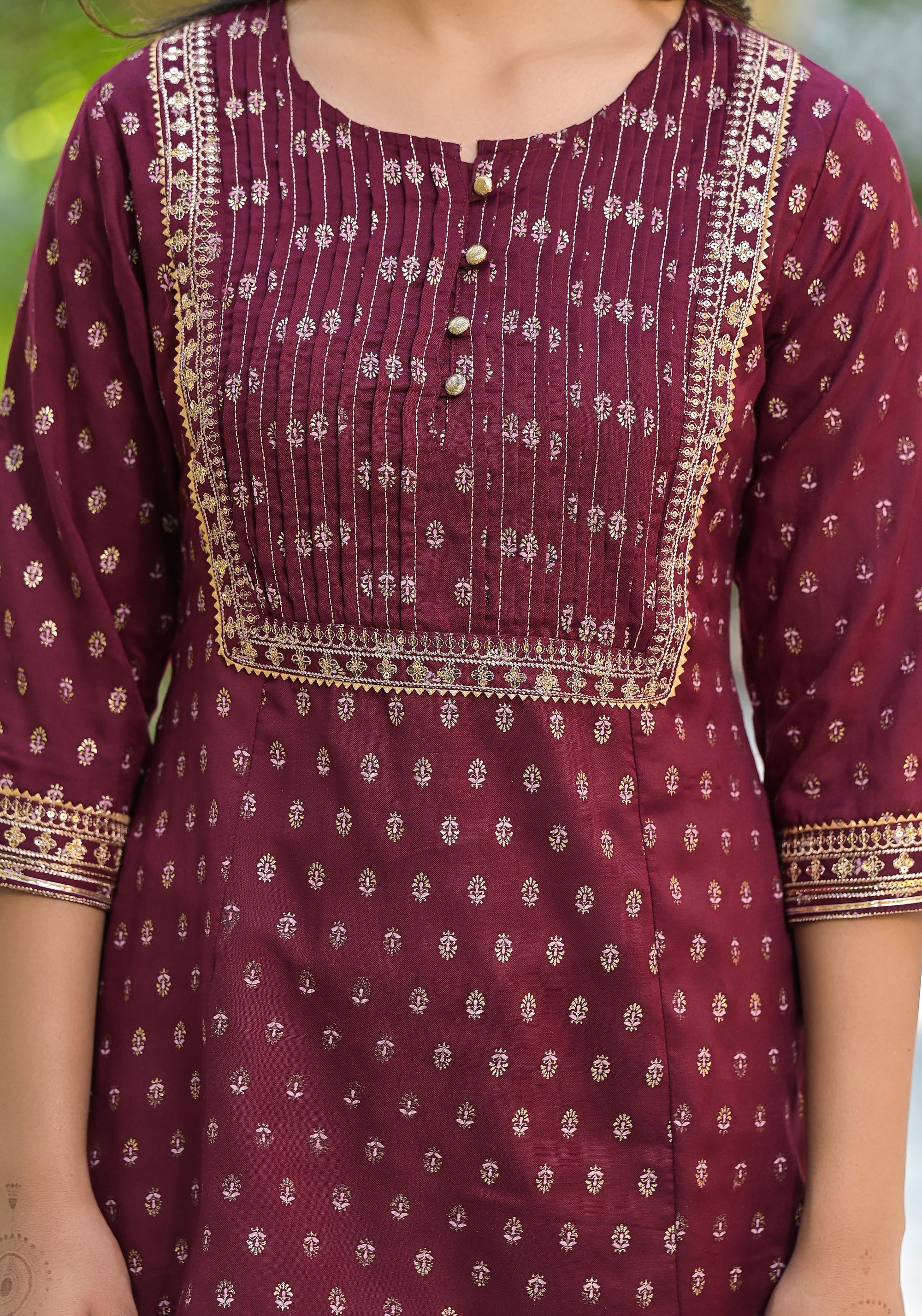 Wine Ethnic Motif Printed Liva Rayon Tunic With Sequins & Lace | DesiQ