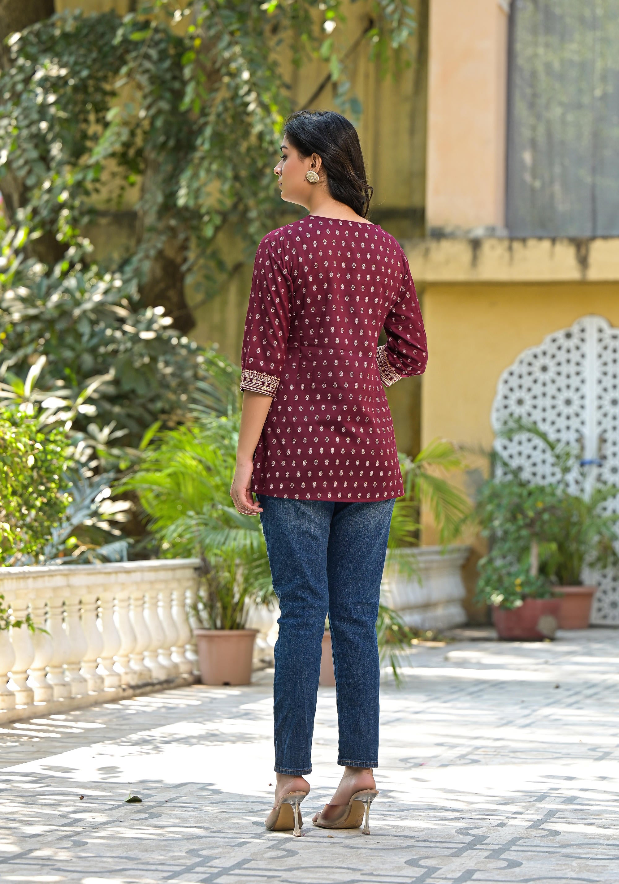 Wine Ethnic Motif Printed Liva Rayon Tunic With Sequins & Lace | DesiQ