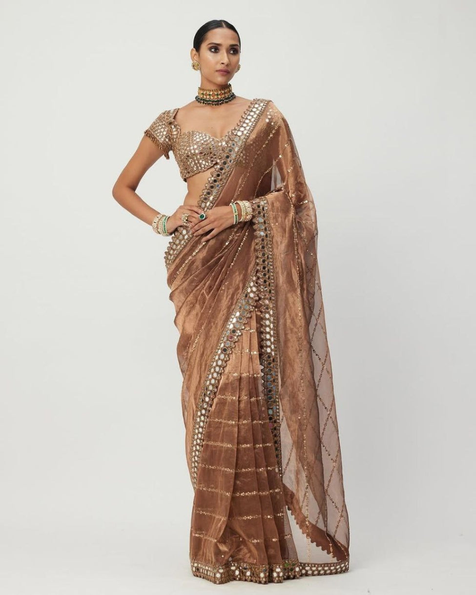 Organza Saree for Women - Gold | MLWSHSA8960COP | DesiQlo