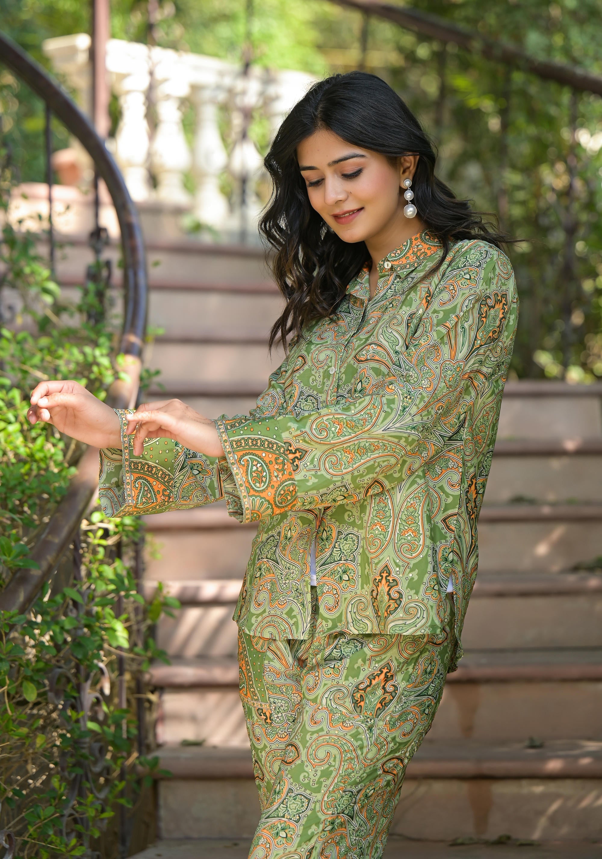 Green Floral Printed Kasturi Top & Palazzo With Buttons | DesiQlo
