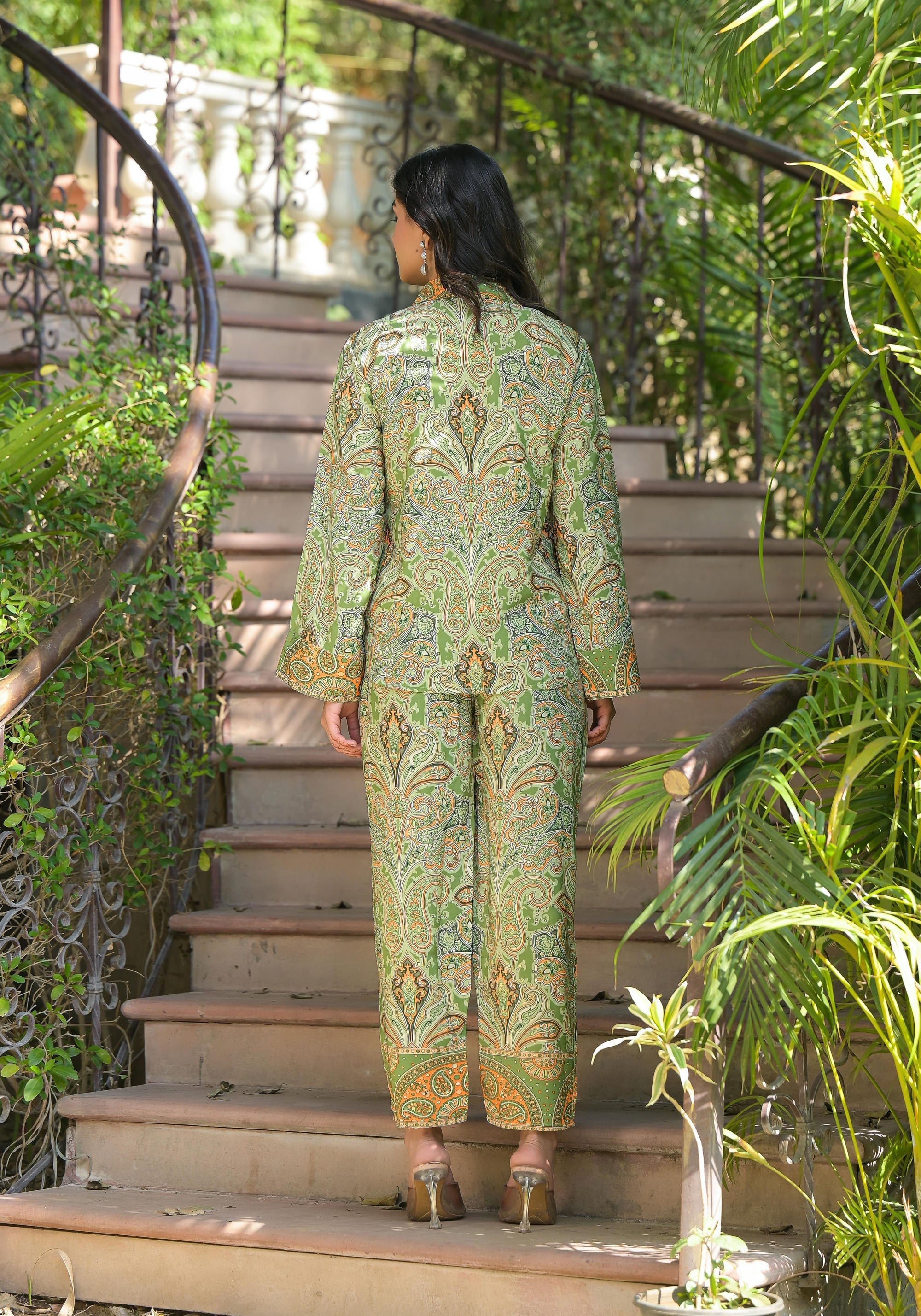 Green Floral Printed Kasturi Top & Palazzo With Buttons | DesiQlo