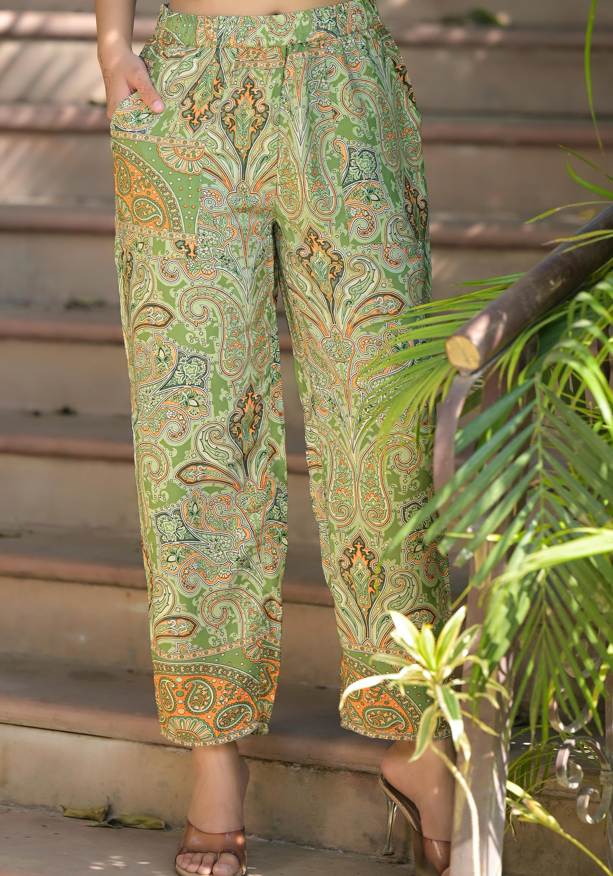 Green Floral Printed Kasturi Top & Palazzo With Buttons | DesiQlo