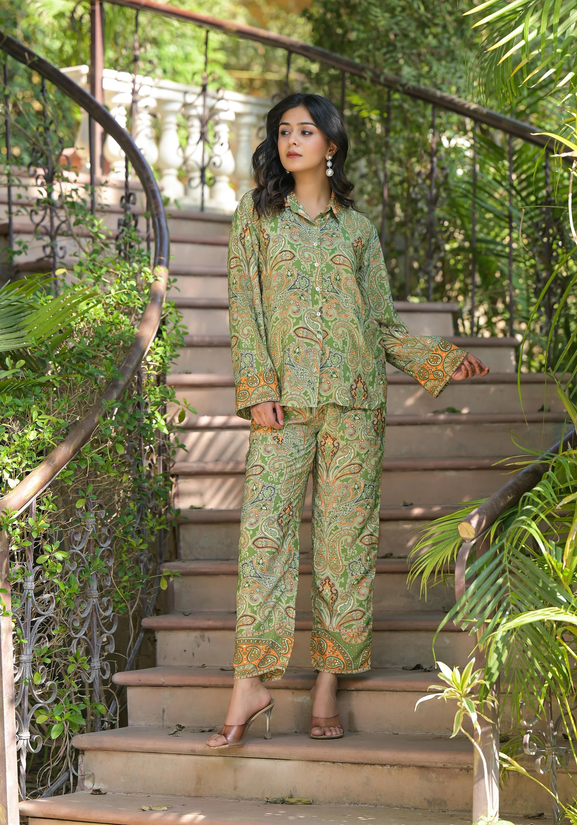 Green Floral Printed Kasturi Top & Palazzo With Buttons | DesiQlo