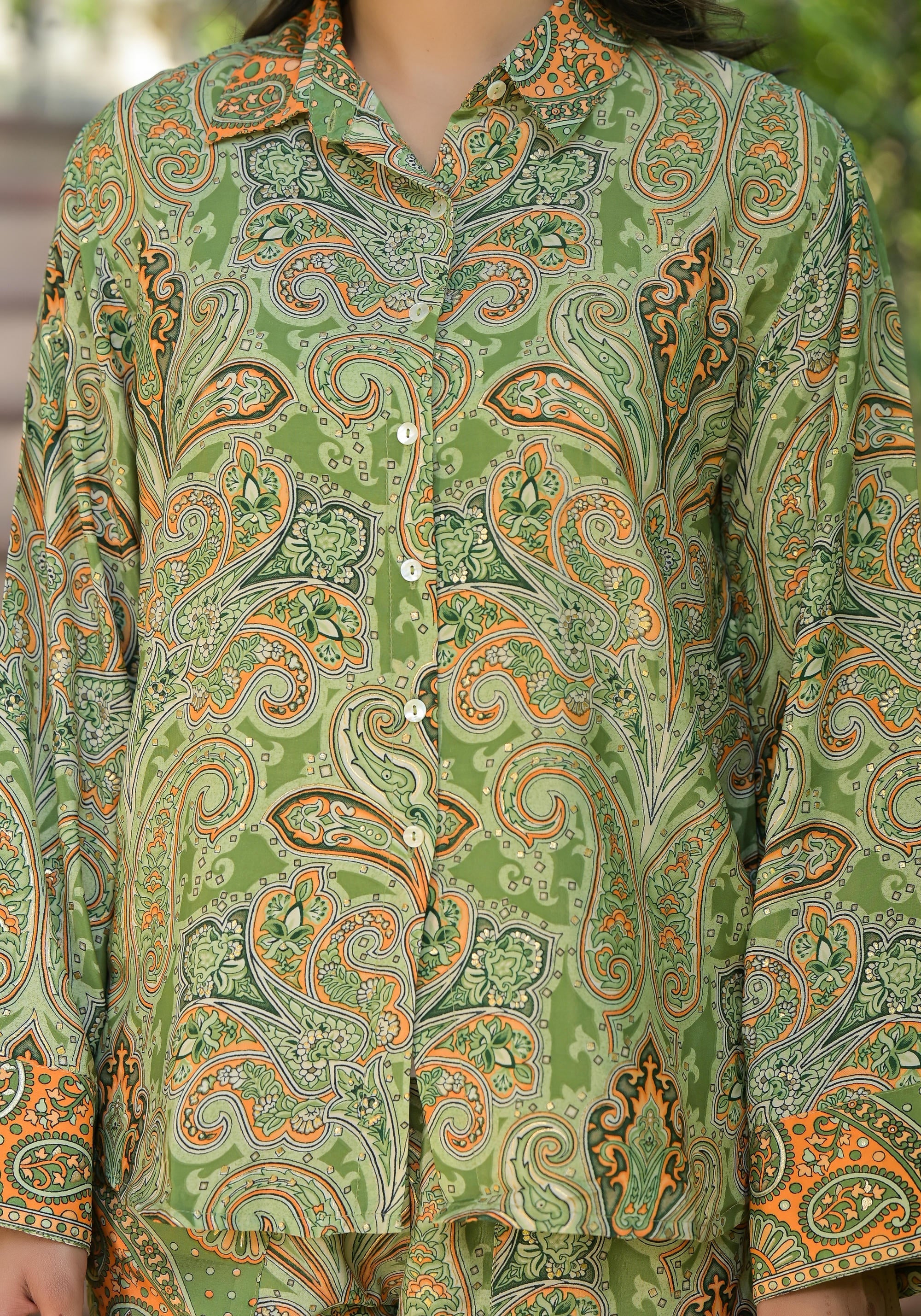 Green Floral Printed Kasturi Top & Palazzo With Buttons | DesiQlo