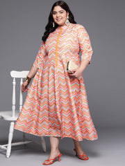 Plus Size Chevron Printed Mandarin Collar Midi Ethnic Dress-AP-AHEDCRDP-233