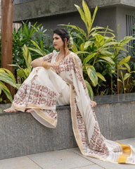 Linen Saree for Women - White | MLWSHSA8967WHT