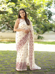 Cotton Blend Saree for Women - White | MLWSHSA8975WHT