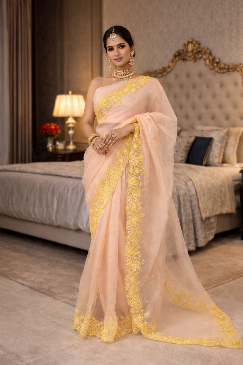 Organza Saree for Women - Peach | MLWSHSA8977PCH | DesiQlo