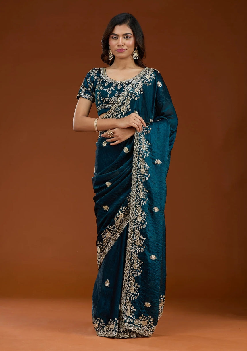 Satin Saree for Women - Teal | MLWSHSA8979TEL