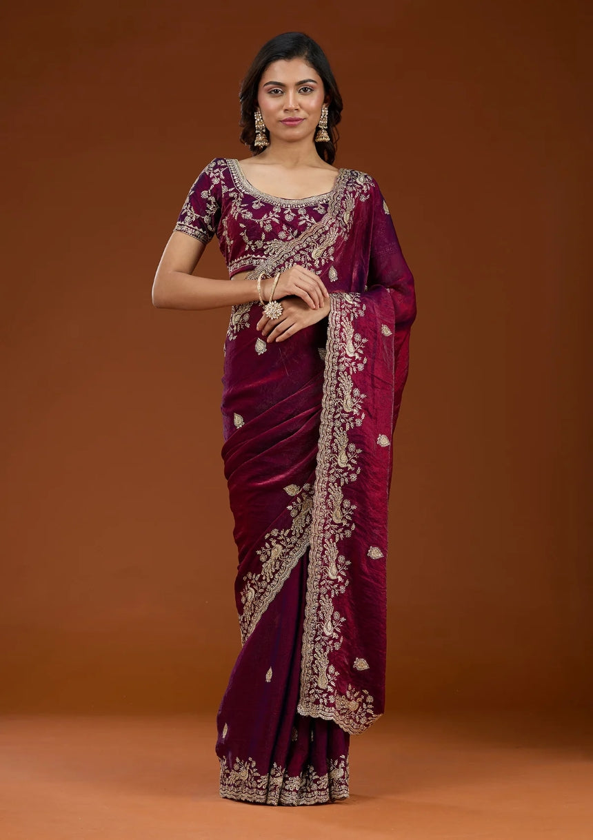 Satin Saree for Women - Maroon | MLWSHSA8980MRN