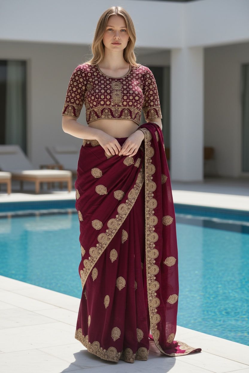 Satin Saree for Women - Maroon | MLWSHSA8987MRN