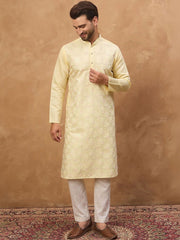 Ethnic Bay Men Yellow Silk Blend Solid Embroidered Straight Kurta With Pant Set-MKSET1467
