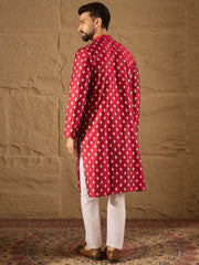 Ethnic Bay Men Maroon Silk Ikat Printed Straight Kurta With Pant Set-MKSET1281