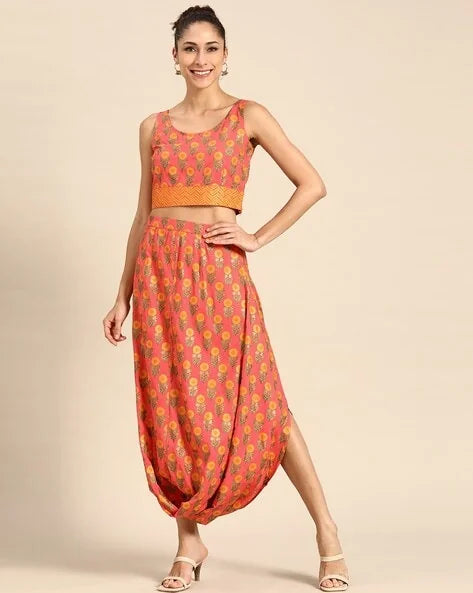 Peach Print Cowl Skirt & Crop Top - Women's Lehenga Inspired Set