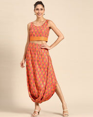 Cowl skirt with crop Top in Peach Print