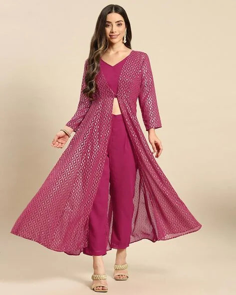 Magenta Jacket Set: Crop Top & Pants - Women's Lehenga Look